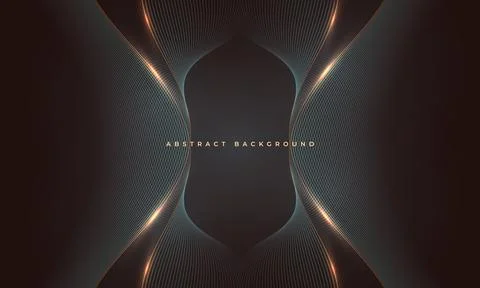Dark abstract background with glowing gold wave lines and mesh grid. Premium Illustrazione stock
