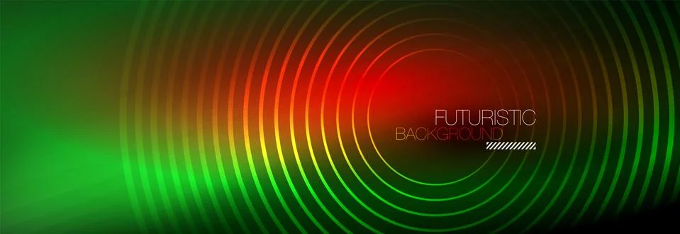 Dark abstract background with glowing neon circles. Trendy layout template for Stock Illustration