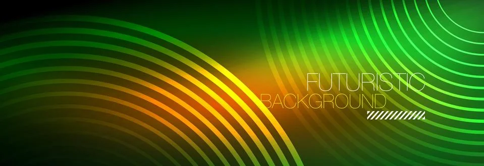 Dark abstract background with glowing neon circles. Trendy layout template for Stock Illustration