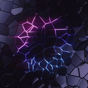 A dark abstract background with glowing neon cracks. 3d rendering Stockillustratie