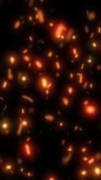 Dark abstract background with glowing orange embers and sparks floating in .. Illustrazione stock