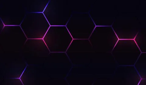 Dark abstract background with glowing purple and pink hexagon grid pattern,.. Stock Illustration