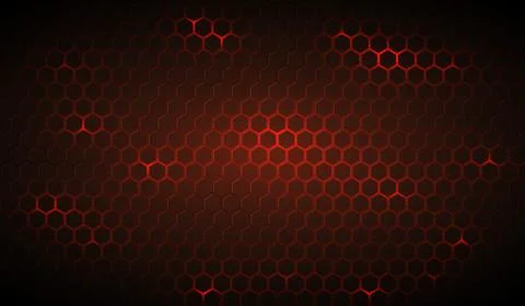 Dark abstract background with glowing red hexagonal pattern, geometric text.. Stockillustratie