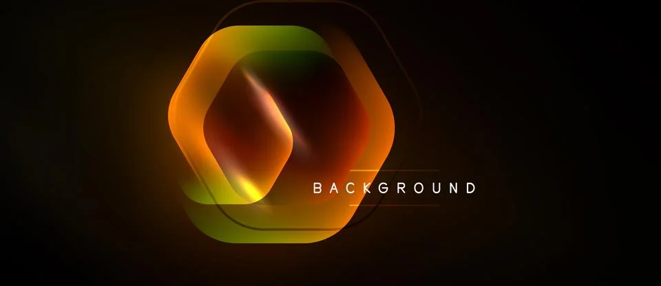 Dark abstract background. Hexagonal shapes overlap, creating vibrant orange, Stockillustratie