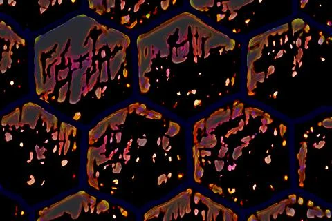 Dark abstract background with large neon cells or honeycombs. Stock Illustration