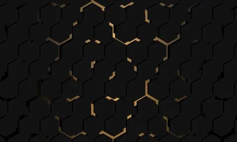 Dark abstract background with layered black hexagonal tiles and subtle gold 스톡 일러스트