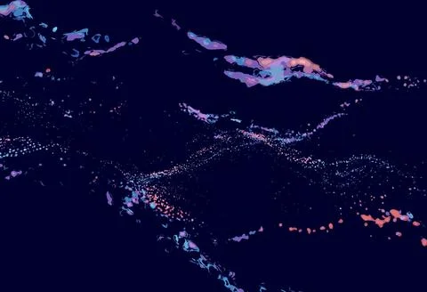 Dark abstract background with scattered glowing particles and data streams Illustrazione stock