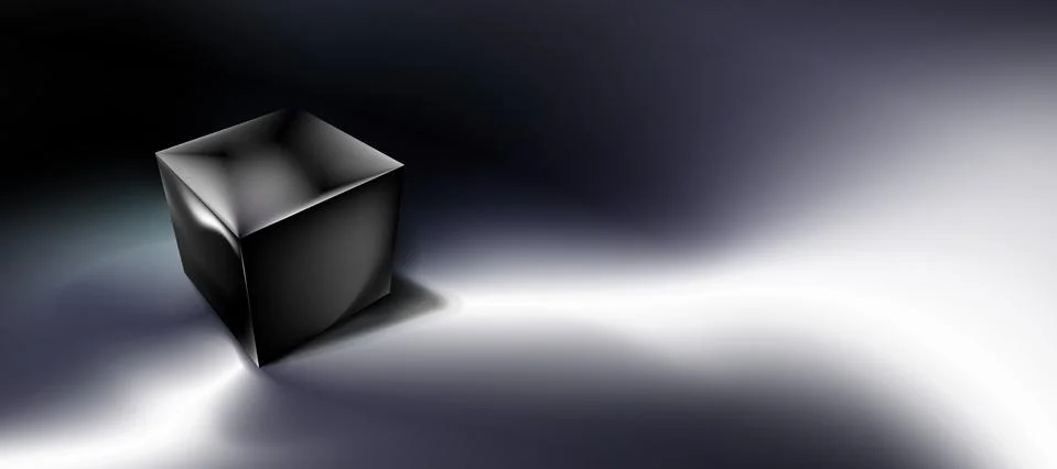 Dark abstract background, tech composition, black cube or box 3d in darkness. Illustrazione stock