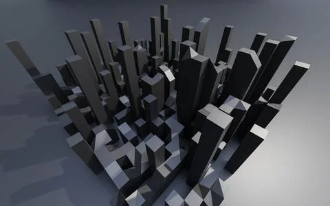Dark abstract city cube geometric shape sky line mock up design 3d render Stock Illustration