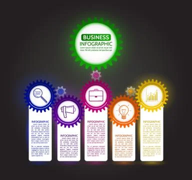 Dark abstract connected gears style business infographics. Stock Illustration