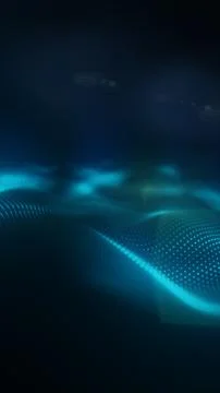 Dark abstract cyan particle wave with glowing digital terrain, soft depth, .. Stock Illustration