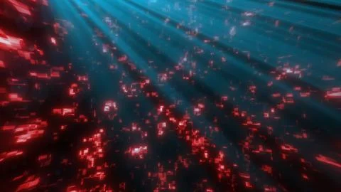 Dark abstract cyber background with red glowing digital particles, blue lig.. Stock Illustration