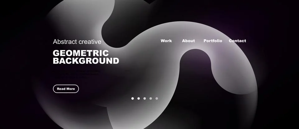 Dark abstract design features fluid shapes, text elements, navigation menu. Stock Illustration