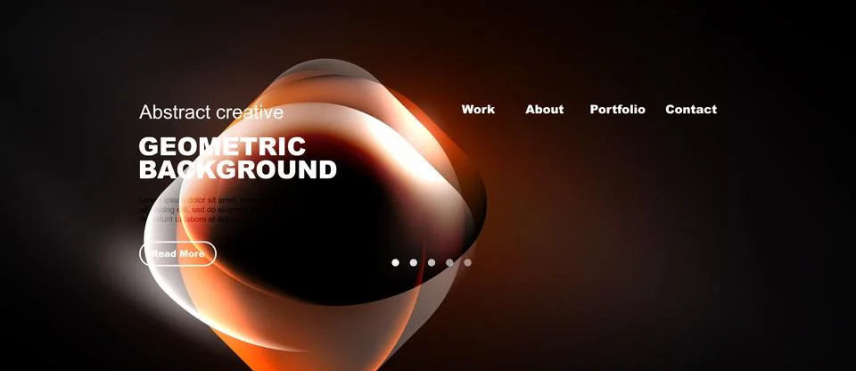 Dark abstract design features orange glowing circles. Website header includes Stockillustratie