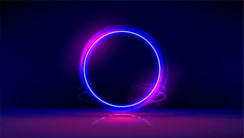 Dark abstract furistic background with circle gate. Vector neon gloving ring in Illustrazione stock