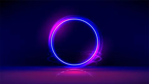 Dark abstract furistic background with circle gate. neon gloving ring in dark Stock Illustration