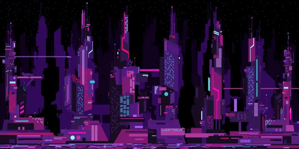 Dark Abstract Futuristic Sci-fi Cyber Space Neon Night City Landscape Vector Stock Illustration