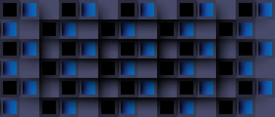 Dark abstract geometric background with blue glowing squares. Vector Stock Illustration