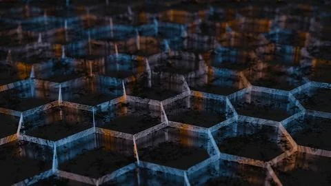 Dark Abstract Hexagonal Pattern with Blue and Orange Light Reflections.. 스톡 일러스트