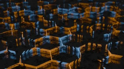 Dark Abstract Hexagonal Pattern with Blue and Orange Light Reflections.. 스톡 일러스트