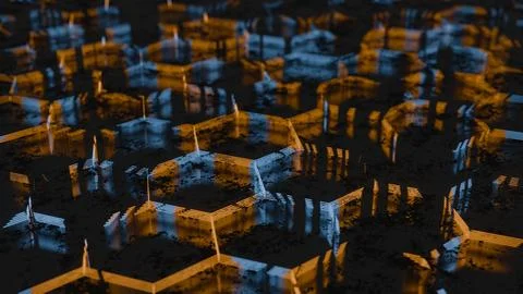 Dark Abstract Hexagonal Pattern with Blue and Orange Light Reflections.. 库存插图