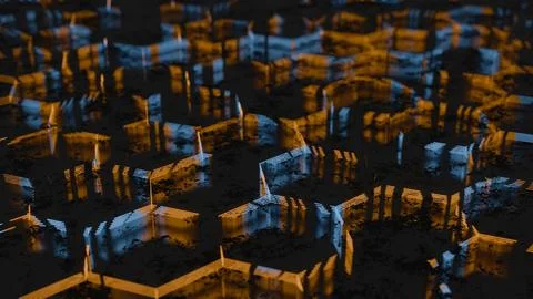 Dark Abstract Hexagonal Pattern with Blue and Orange Light Reflections.. Illustrazione stock