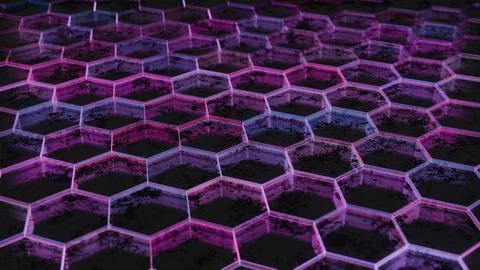 Dark Abstract Hexagonal Pattern with Purple and Pink Light Reflections.. Stock Illustration
