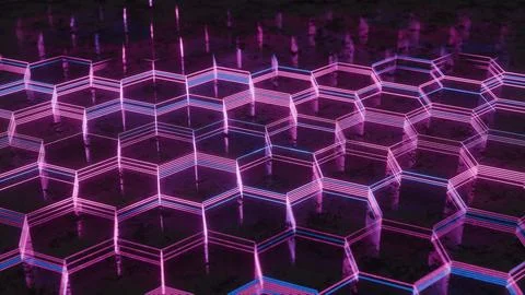 Dark Abstract Hexagonal Pattern with Purple and Pink Light Reflections.. 스톡 일러스트