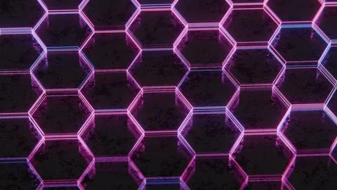 Dark Abstract Hexagonal Pattern with Purple and Pink Light Reflections.. Illustrazione stock