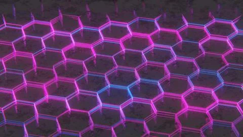 Dark Abstract Hexagonal Pattern with Purple and Pink Light Reflections.. Stock Illustration