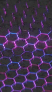 Dark Abstract Hexagonal Pattern with Purple and Pink Light Reflections.. Stock Illustration