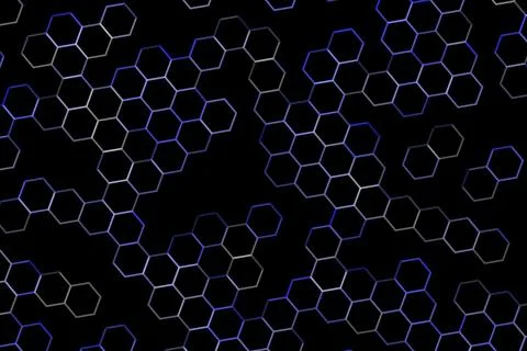 Dark abstract honeycomb pattern with glowing blue edges Stock Illustration