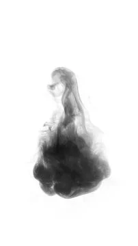A dark abstract plume of smoke or ink swirling against a clean white backgr.. Ilustración de archivo