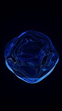 Dark abstract scene with a glossy blue glass-like liquid blob, swirling mar.. Stock Illustration