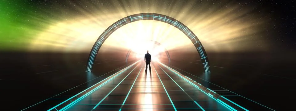 Dark abstract Sci Fi path with glowing background and man standing Stock Illustration