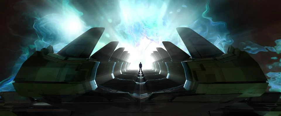 Dark abstract Sci Fi path with glowing background and man standing 스톡 일러스트