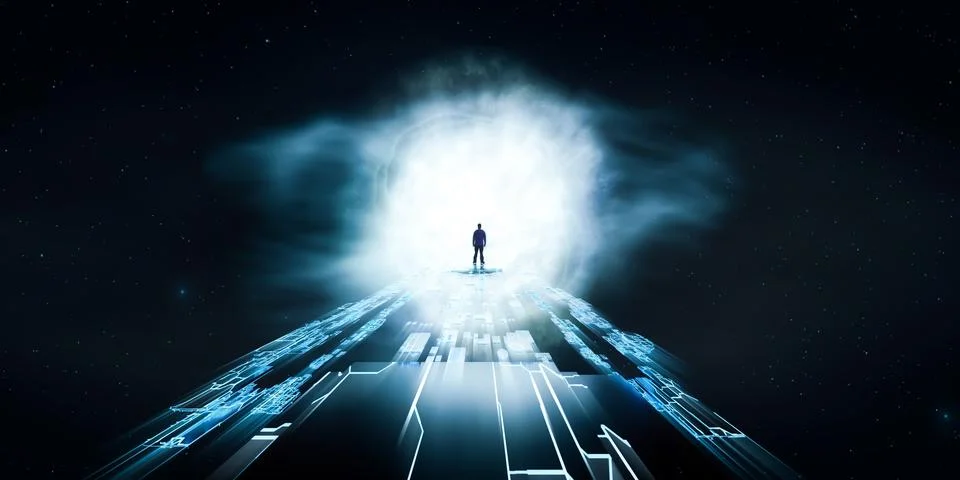 Dark abstract Sci Fi path with Outer Space in background. Man Standing with 스톡 일러스트