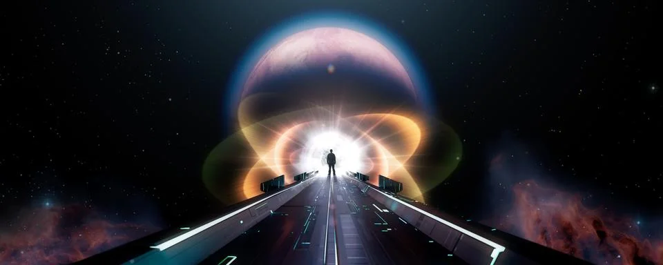 Dark abstract Sci Fi path with Outer Space and Planet in background. Man 스톡 일러스트