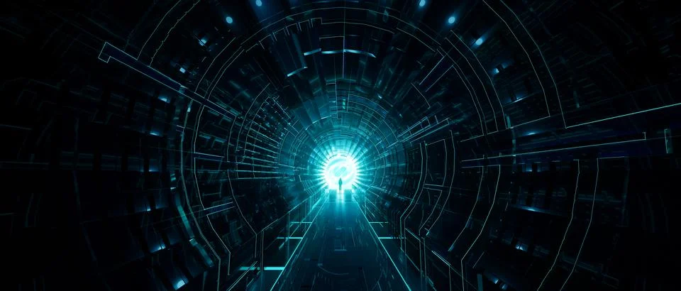 Dark abstract Sci Fi Tunnel background. Man Standing with Glowing Light Stock Illustration