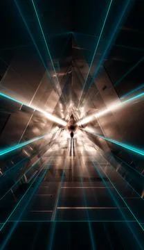 Dark abstract Sci Fi tunnel background with man standing Stock Photos