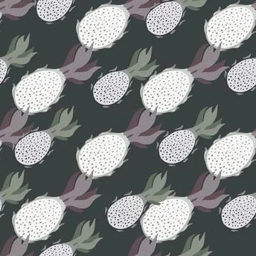Dark abstract seamless food pattern with dragon fruits. White food shapes exo Stock Illustration