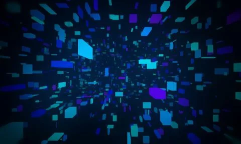 Dark abstract space of bright blue cubes 3d illustration Stockillustratie