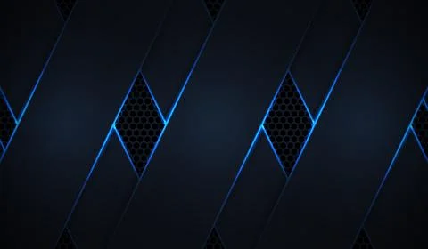 Dark abstract technological background with blue neon light accents and hex.. Illustrazione stock