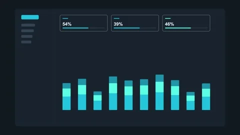 Dark admin dashboard UI with animated stacked bar chart, sidebar and KPI cards Stock Footage 342600864