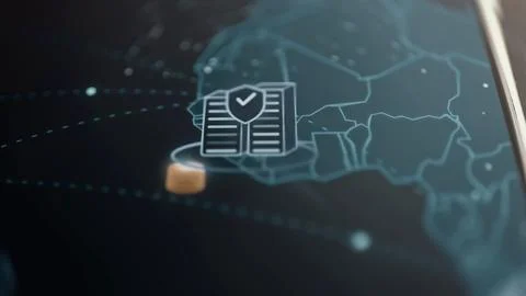 Dark African map supports a secured server symbol 库存照片