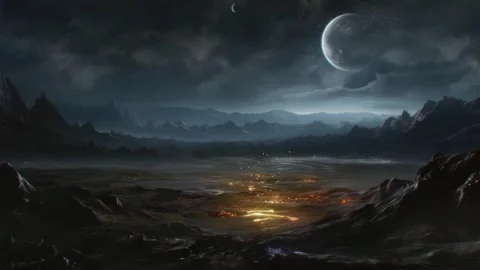 Dark alien landscape with glowing lava rivers under crescent moon sky with Видео 344416172