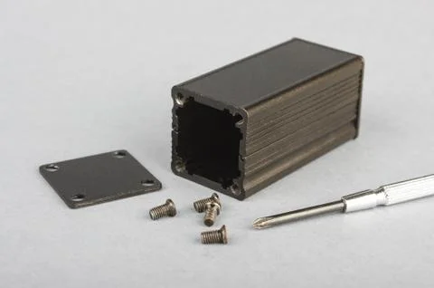 Dark aluminium enclosure for electronics projects Stock Photos