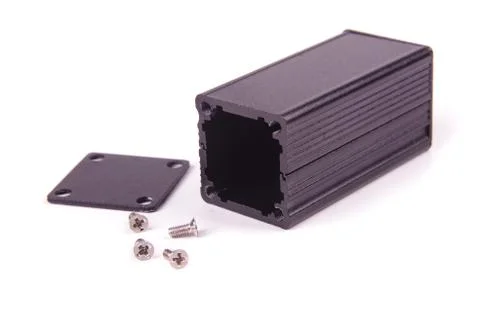 Dark aluminium enclosure for electronics projects Stock Photos