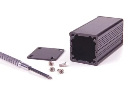 Dark aluminium enclosure for electronics projects Stock Photos