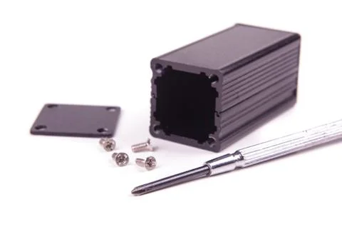 Dark aluminium enclosure for electronics projects Stock Photos